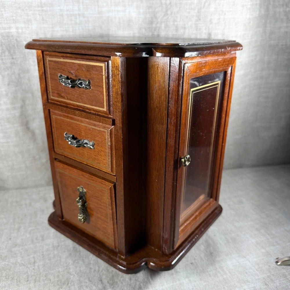 Jewelry Armoire Good Vintage Wooden Rotating Cabinet Brown Glass Door 3-Drawer